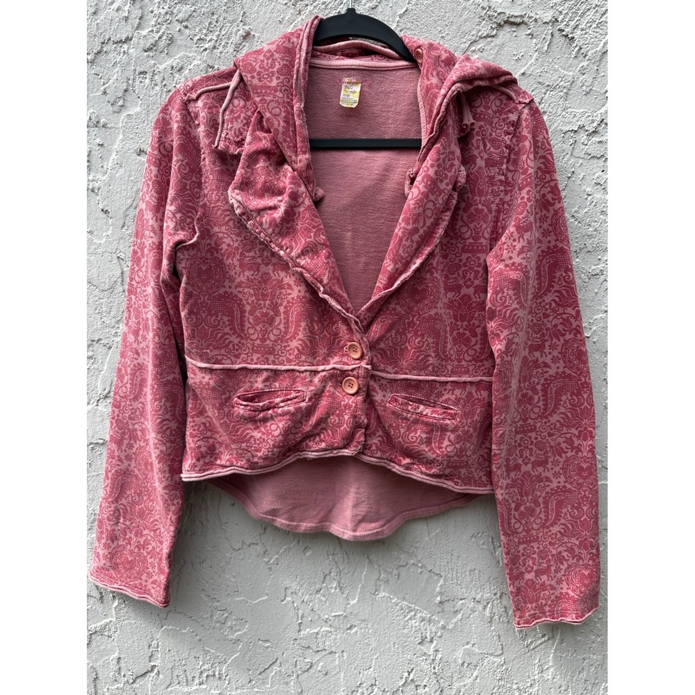 Free People Pink Damask Print Hooded Blazer Jacket Cotton French Terry Medium